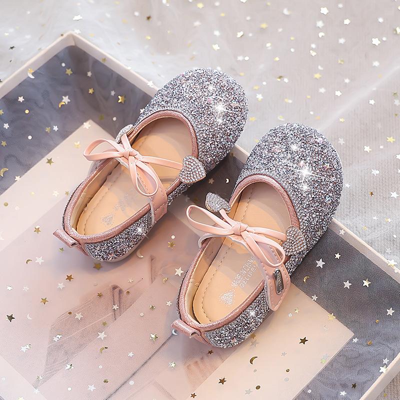 

Туфли принцессы для девочек, детские блестящие туфли, осенние туфли на мягкой подошве, одинарные туфли для маленьких девочек, на маленьком высоком каблуке, хрустальные кожаные туфли 30Code Inner Length18.4cm розовый