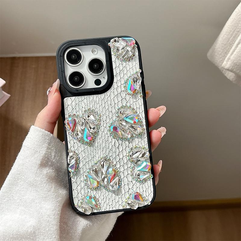 Luxurious Snakeskin Pattern Rhinestone Heart-shaped Mobile Phone Case for IPhone16pro High-end for Apple 17Air Women’s Fashion