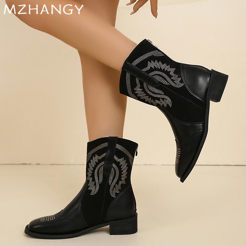 Chunky Women Ankle Boots Winter Fashion Mid Heels Walking Leather Shoes Woman 2024 Trend Pumps Dress Eleglant Mujer Zapatillas