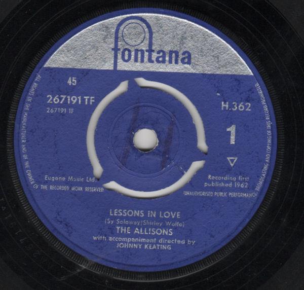 

7-дюймовая пластинка ALLISONS Lessons In Love H362 Fontana 1962 UK Поп Б/у