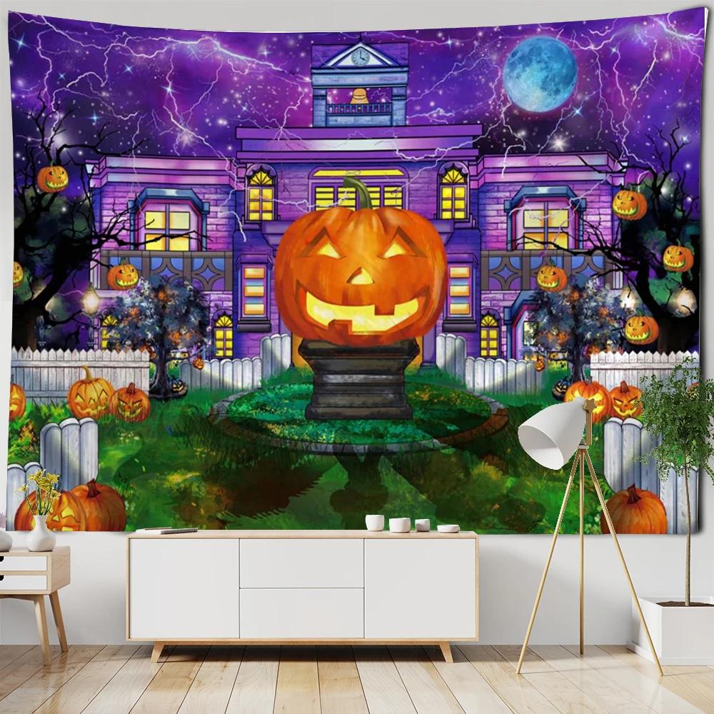 Happy Halloween Tapestry Horror Spooky Castle Pumpkin Wall Hanging Dorm Room Wall Decor Backdrop Fabric Halloween Wall Blanket