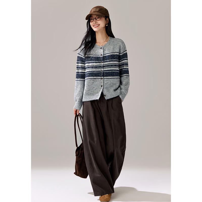 VICTORIA&VERA Wool-Blend Striped Button-Up Knit Cardigan