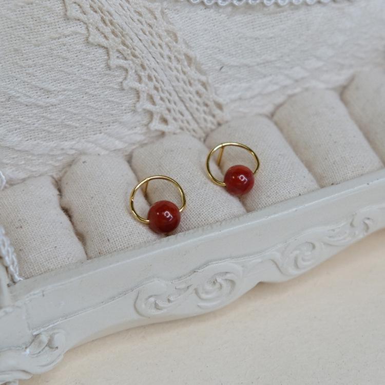 Guochao Retro Elegant Circle Stud Earrings, Gold-Plated S925 Sterling Silver, Women's Red Bean Jewelry