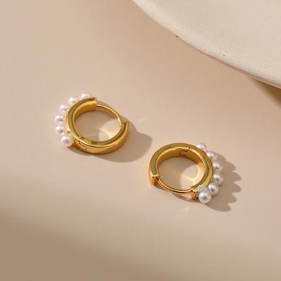 French Minimalist Ins Style Pearl Inlaid Gold Plated Hoop Earrings For Women