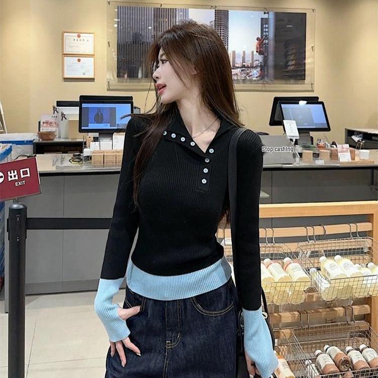 

Женский вязаный свитер облегающего кроя с воротником и цветными блоками - Коллекция Winter Intrigue One Size чёрный