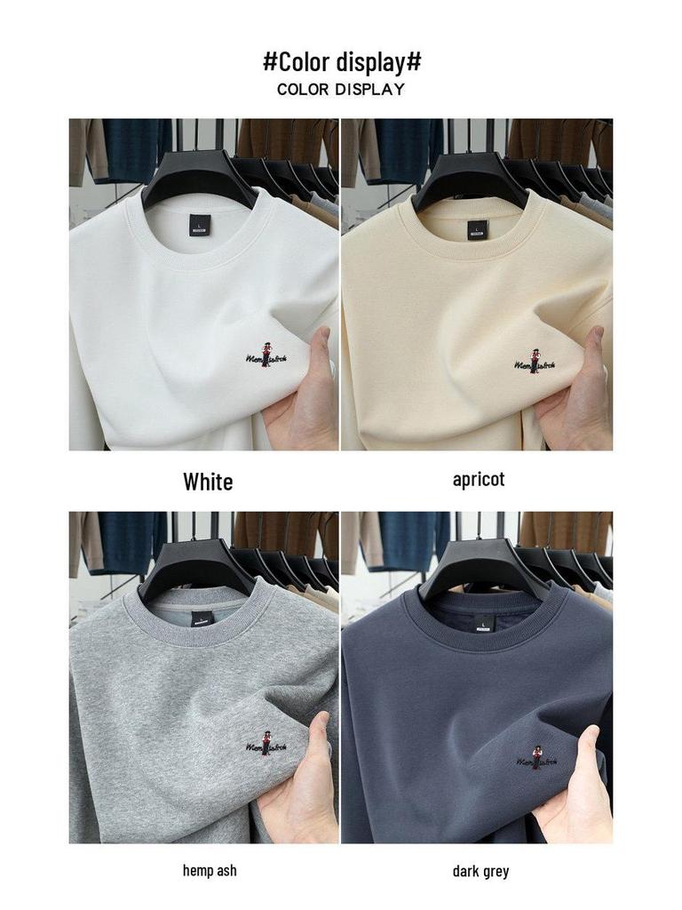 Men's Thickened Velvet Woodpecker Hoodie - Long Sleeve, Round Neck, Solid Color Cotton T-Shirt for Autumn/Winter