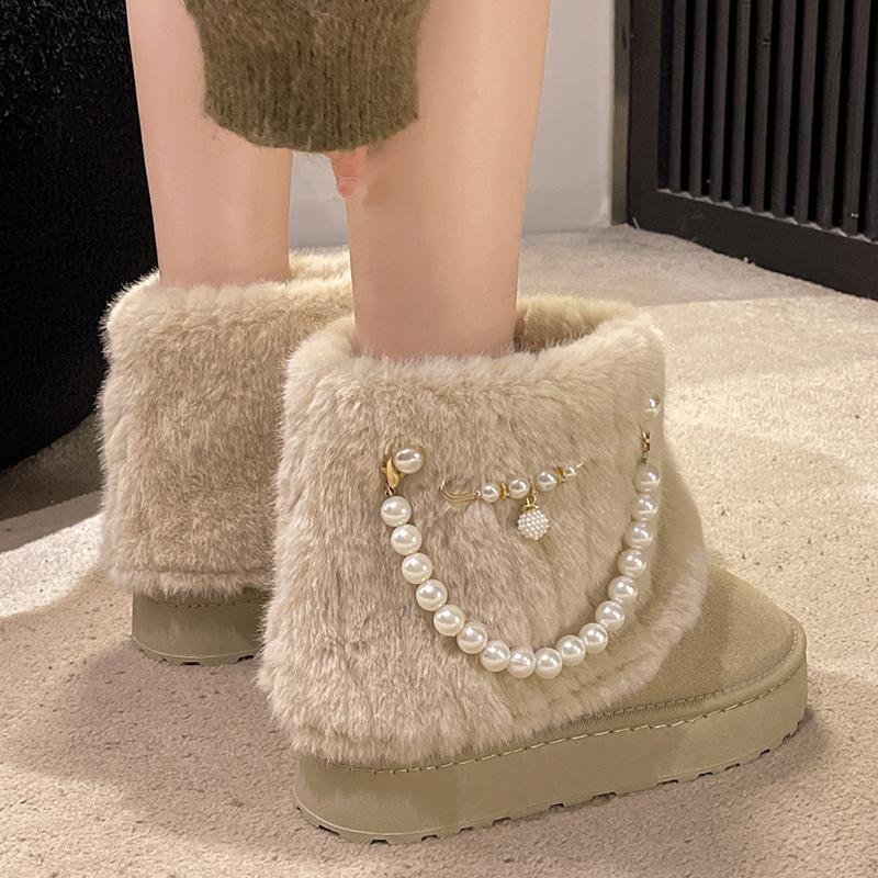 fashion Pearl Chain Decor Warm Snow Boots for Women Winter 2024 Fluffy Plush Platform Ankle Boots Woman Thick Sole Cotton Padded Shoes