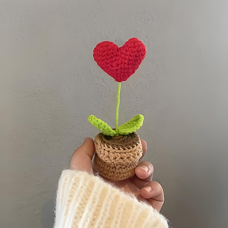 5-1Pcs Handmade Knitted Flower Pot Red Heart-Shaped Woven Flower Gift Knit Imitation Potted Plant Flower Pot Desktop Home Decor
