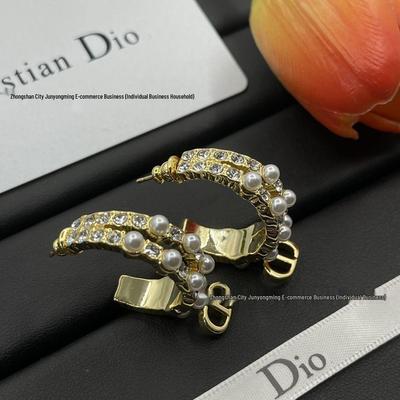 Cercei CD strat dublu în formă de C, cu perle și diamante încrustate, Știfturi de argint de nișă pentru femei