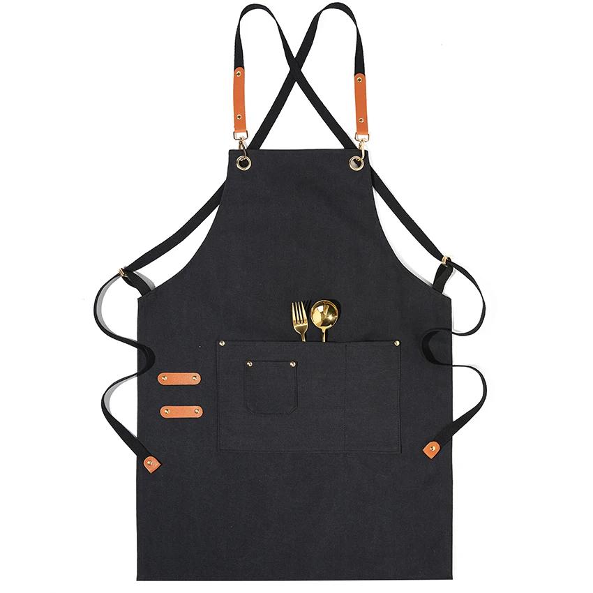 Kitchen Apron Heavy Duty Canvas Barber Work Aprons Unisex Cross Straps Adjustable Salon Hairdresser Bib PU Leather Apron for Men