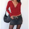 QICED Women's Fashion Casual Solid Color Print Long Sleeve V Neck Blouses & Shirts Unique Design