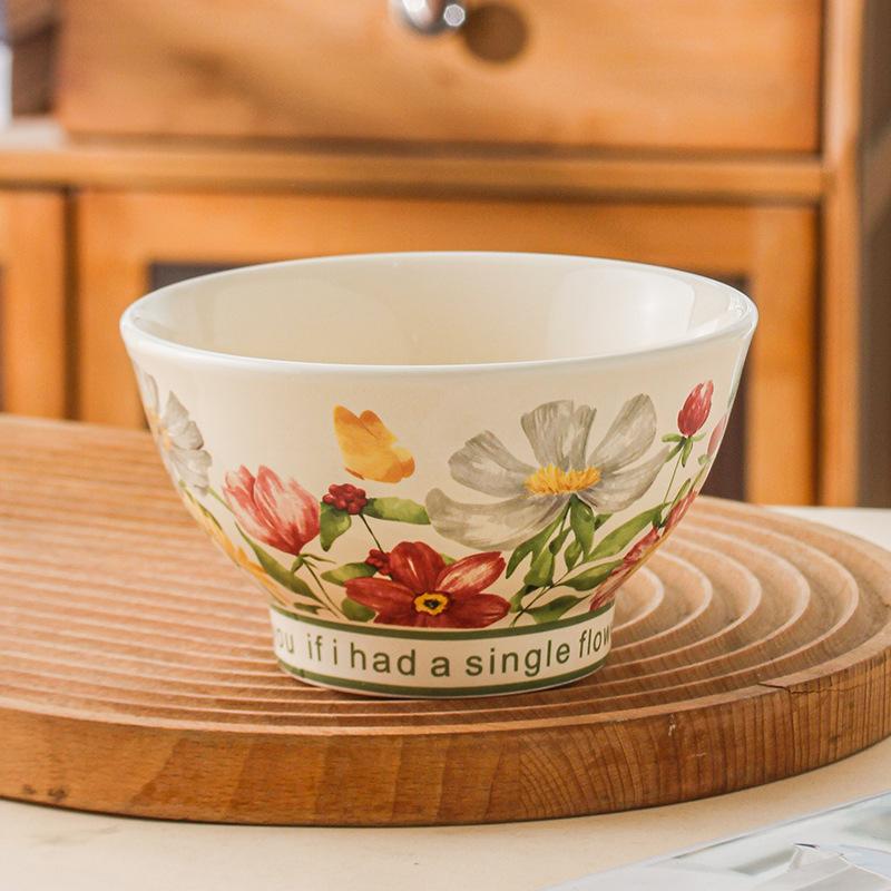 Цветущая Чаша-Шляпа Глазурованная Цвет Бытовая Посуда в Стиле Ins Высокая Ножка Миска для Риса Миска для Лапши Керамическая Миска для Риса и Супа 450ml