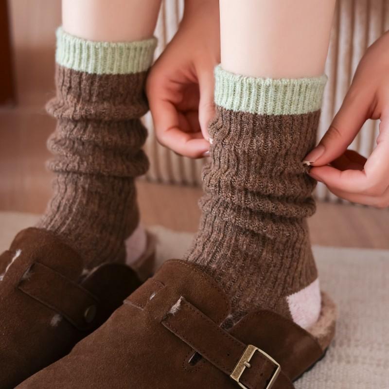 Mittellange Socken für Damen, Verdickte Wollsocken für Herbst und Winter, Unifarbene Damensocken, Bunte Dickgarn-Frotteesocken