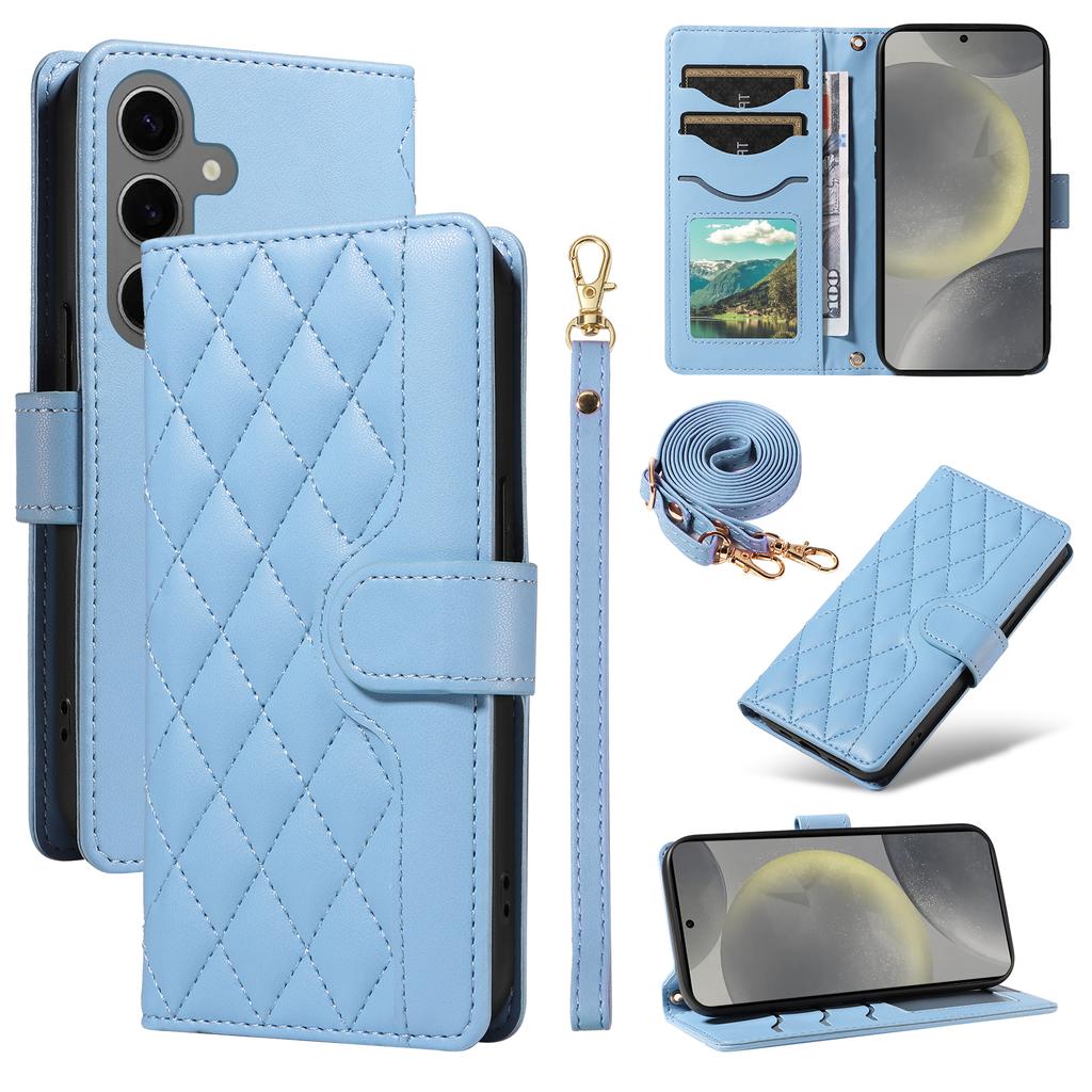 For Samsung Galaxy S25/S24 Case Wallet Rhombus Leather Phone Cover with Shoulder Strap,Wrist Strap