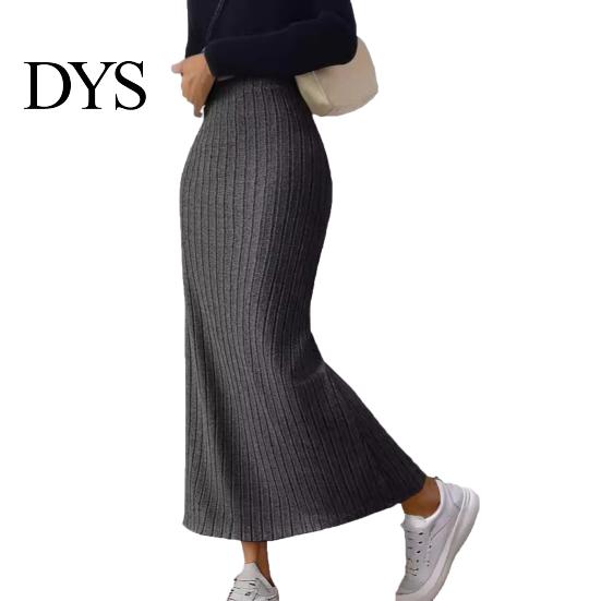 Casual Maxi Skirt with Side Slits High-Waisted Ribbed Long Flattering High-waisted Polyester Spandex Solid Color Hip Wrapped Autumn Winter Slimming