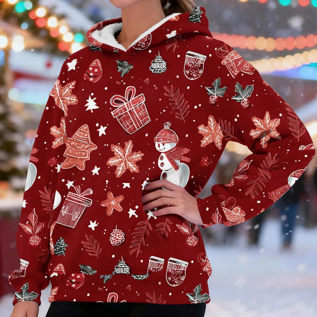 Women's Fashionable Casual Long-Sleeved Christmas Print Fleece-Lined Thick Hooded Sweatshirt