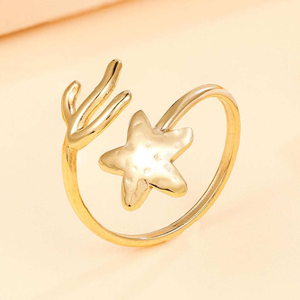 Bohemian Ocean Series Starfish & Seaweed Stainless Steel Open Ring