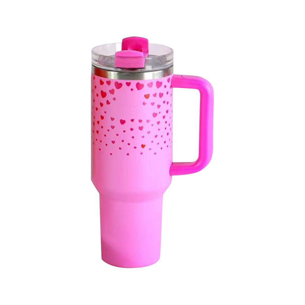 40oz Edelstahlbecher mit Klappstrohhalm, auslaufsicherem Deckel, eingebautem Strohhalm und Griff, Valentinstagsgeschenkbecher (rotes Herz)