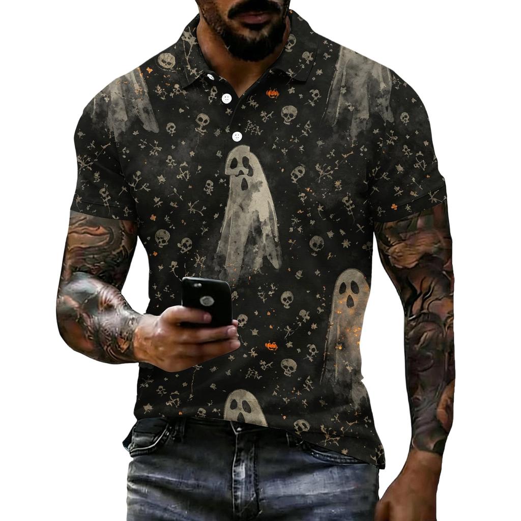 Herren Halloween Print Kurzarm Poloshirt Lockerer Schnitt Lässig Sommer Tägliches Tragen Hemdkragen mit Knöpfen