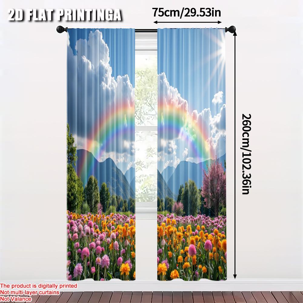 2pcs   2D flat printing Scene Curtain flower field Versatile Fabric  Without Electricity Festive Holiday for Window art_Party