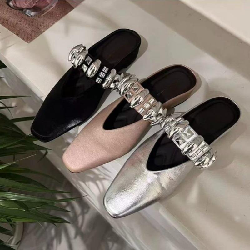 Summer New Flat Shoes Women Square Head Shallow Mouth Rivets Metal Buckle Set Foot Anti-slip Wear-resistant Slippers