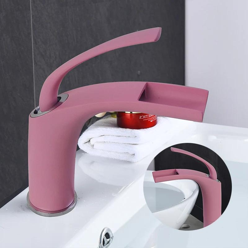 Pink Love Waterfall Bathroom Faucet - Brass Hot/Cold Basin Mixer, Sink Wash Crane Tap