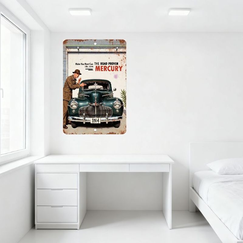 Vintage 1940s Mercury Car Metal Tin Sign with Man Fedora, Garage Door, Rustic Decor for Home Bar Man Cave Wall Art 1944 Retro Ad