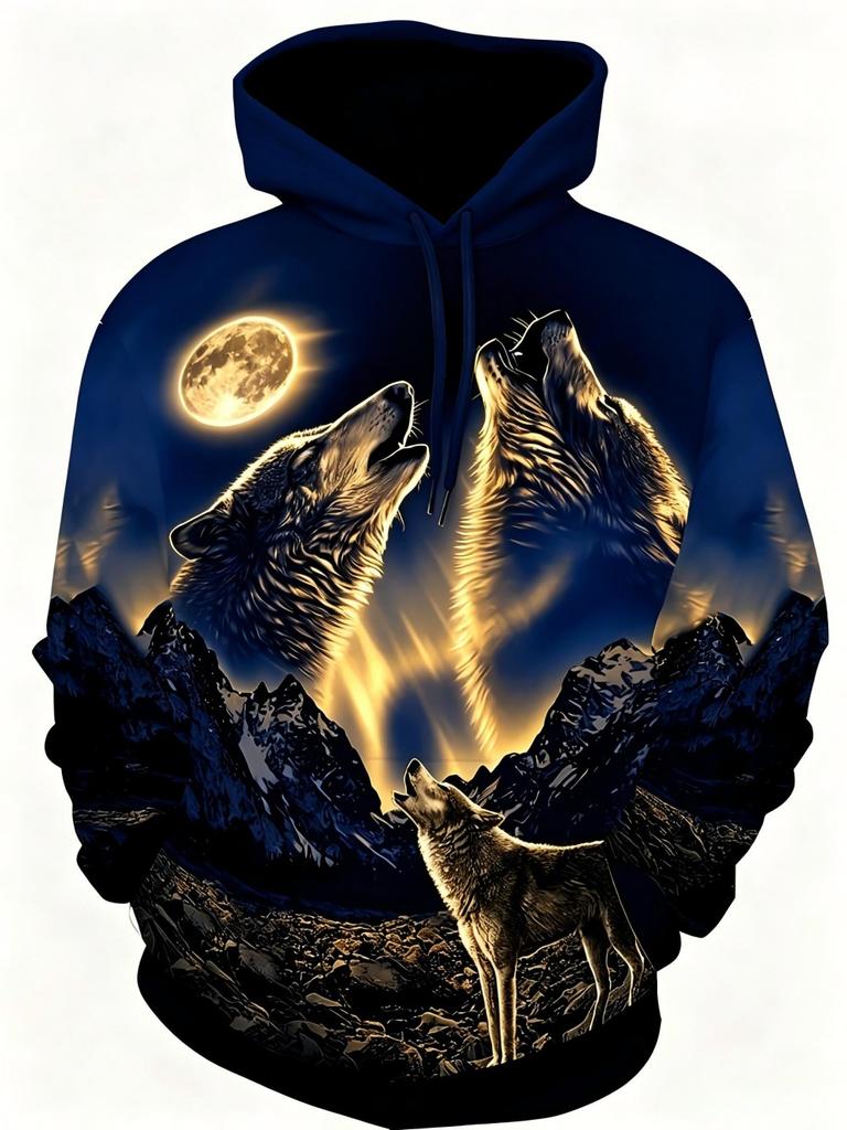 American Men's Autumn Moon Wolf Roar Print Comfortable Soft Hooded Sweatshirt Long Sleeved T-shirt Outdoor City Street Style Top