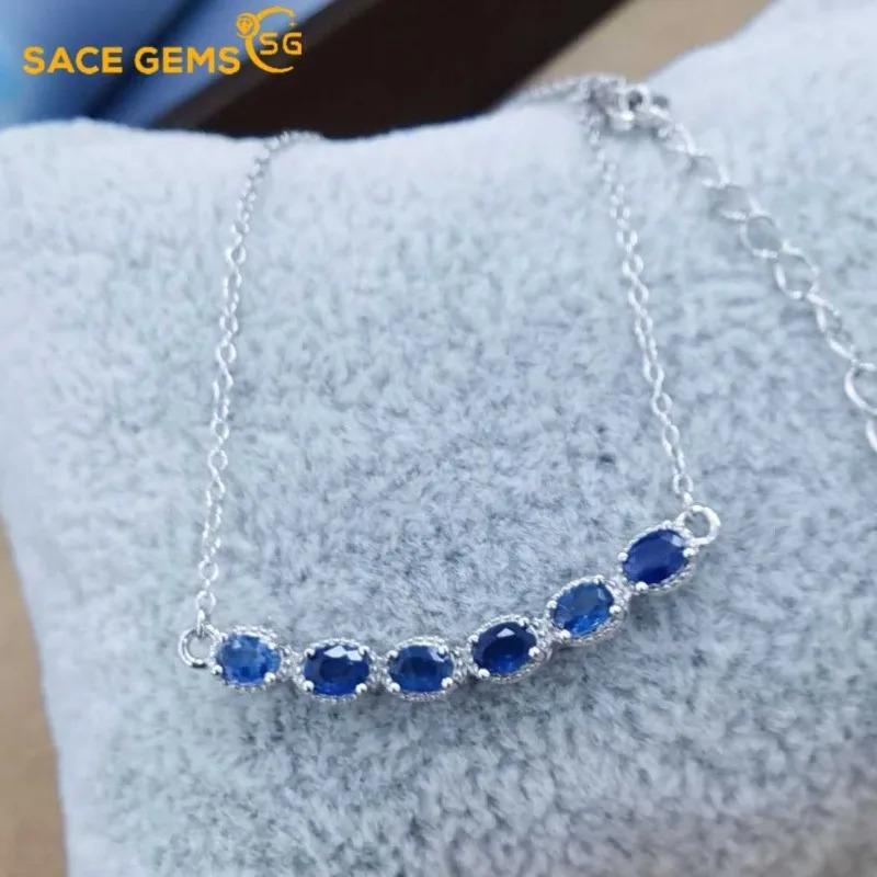 SACE GEMS S925 Sterling Silver Certified 3*4MM Natual Sapphire Pendant Necklaces for Womne Engagement Cocktail Party Fine Jewelry