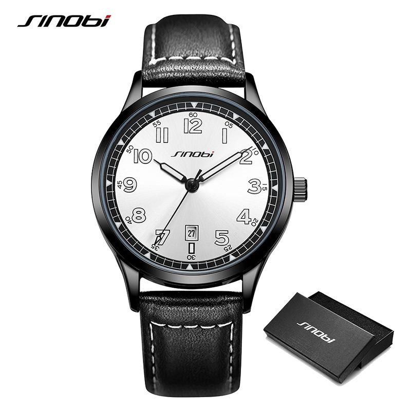 SINOBI Fashion Design Men's Watches Original Leather Strap Man's Quartz Wristwatches Top Luxury Male Best Gifts Luminous Clock