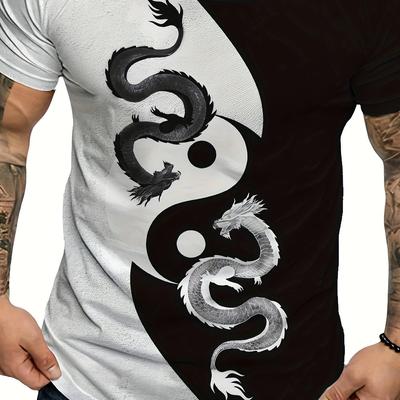 Camiseta de manga corta con cuello redondo y estampado 3D de dragones Yin Yang para hombre, talla grande, transpirable y versátil, para usar en verano