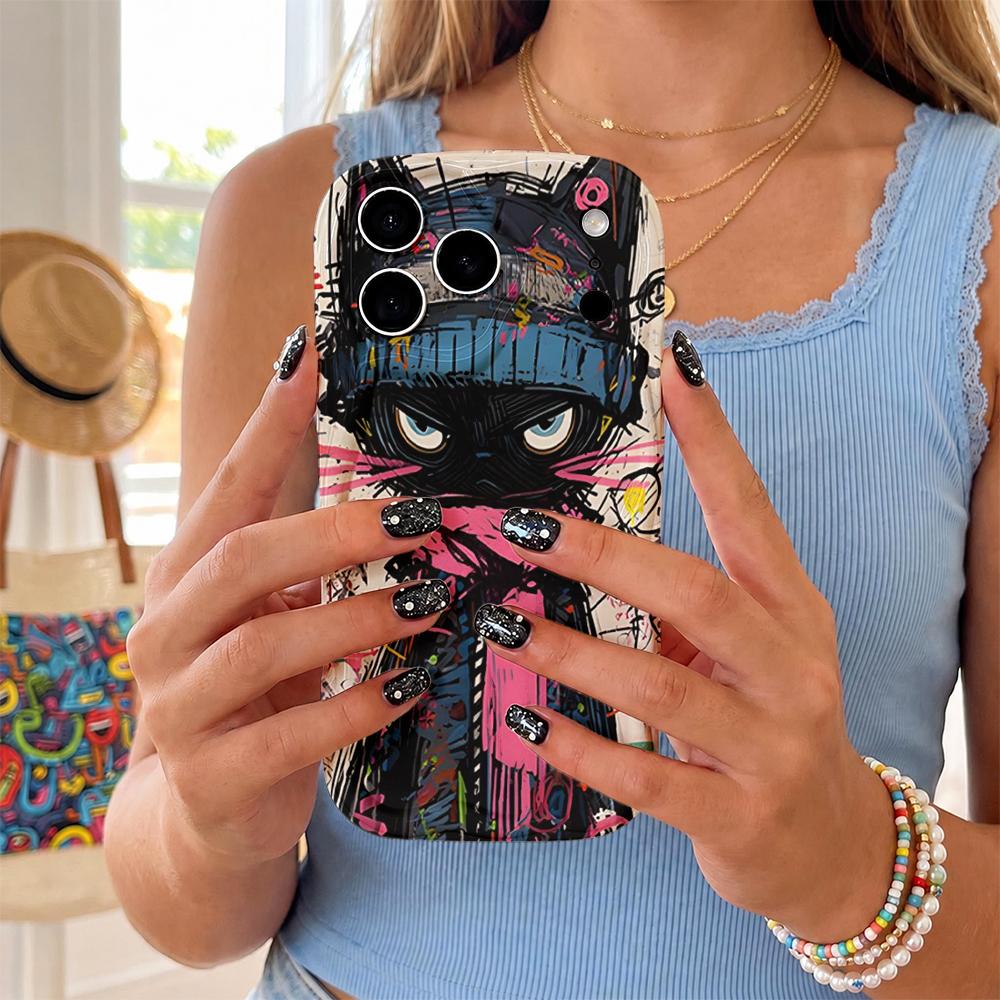 Street Graffiti Cool Black Cat Wavy Edge Phone Case For iPhone 16 15 14 Pro Max 13 12 11 Mini XR XS SE 2020 7 8 Plus Air Cover