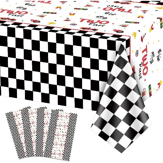 4pcs Two Fast Race Car Tablecloths - Racing Car Table Covers Rectangular Black and White Checkered Tablecloth for Boys Kids  Two Year Old Race Car