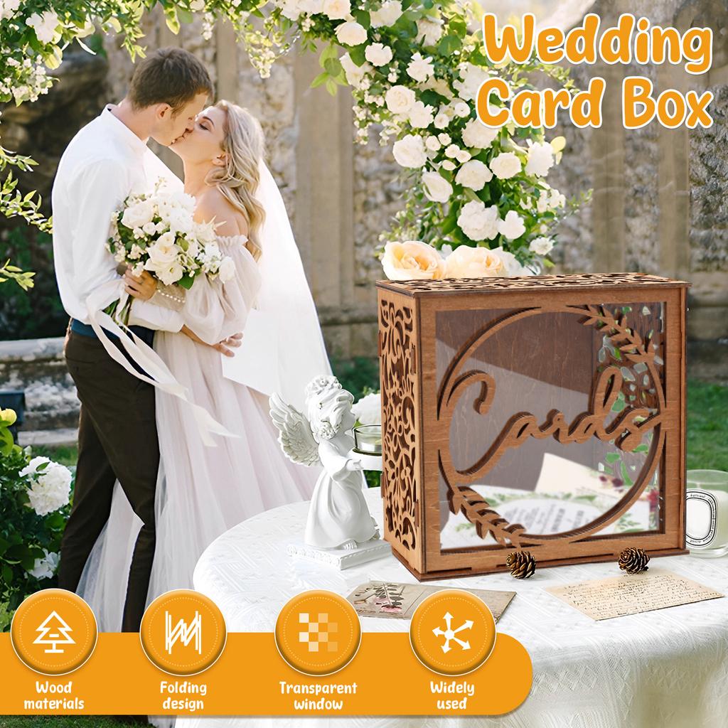 Wedding Card Box Wooden Transparent Window Gift Card Envelope Money Box for Wedding Birthday Party Anniversary Graduation