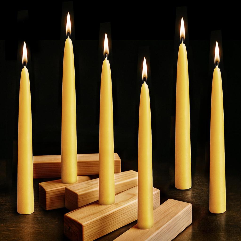 6 Pack Beeswax Taper Candles, 8 Inch Natural Beeswax Candles Unscented and Smokeless, 8 Hours Long Burning Yellow Candle Sticks for Dinner, Wedding,