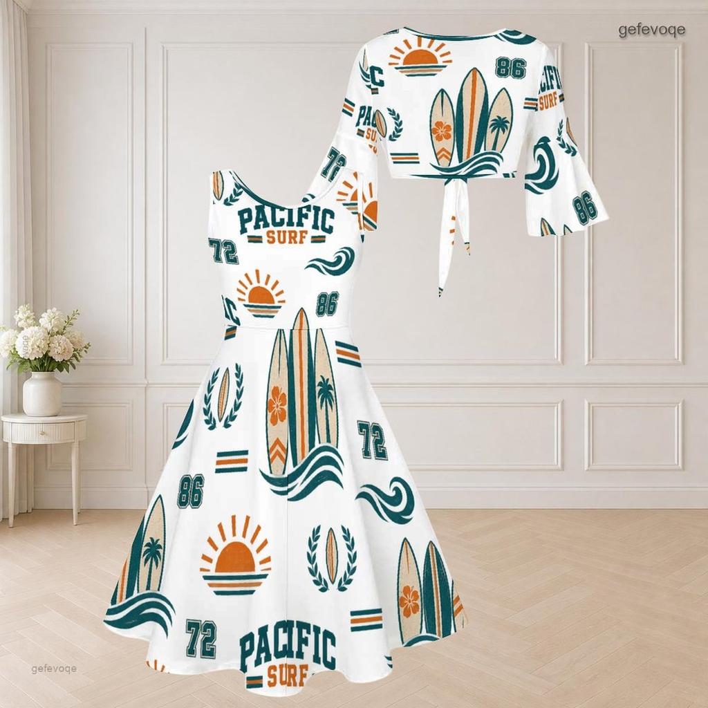 Women Plus Size Sleeveless Two Piece Midi Dress Set Tie Front V Neck 3 4 Sleeve Hiking Print White
