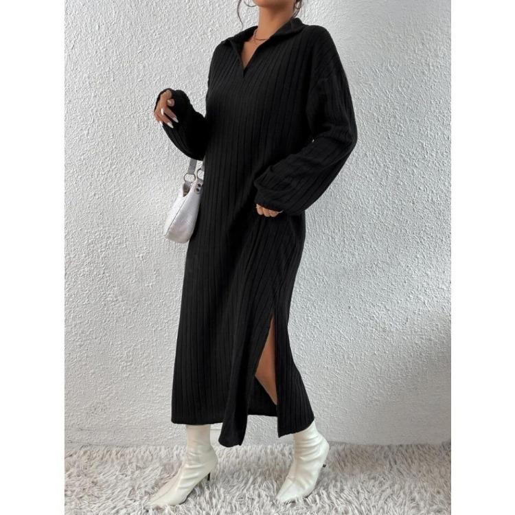 

Осень Зима Женская Мода Новый Стиль Однотонное Платье с Длинным Рукавом, Разрезом на Плече и Разрезом на Бедре XL чёрный