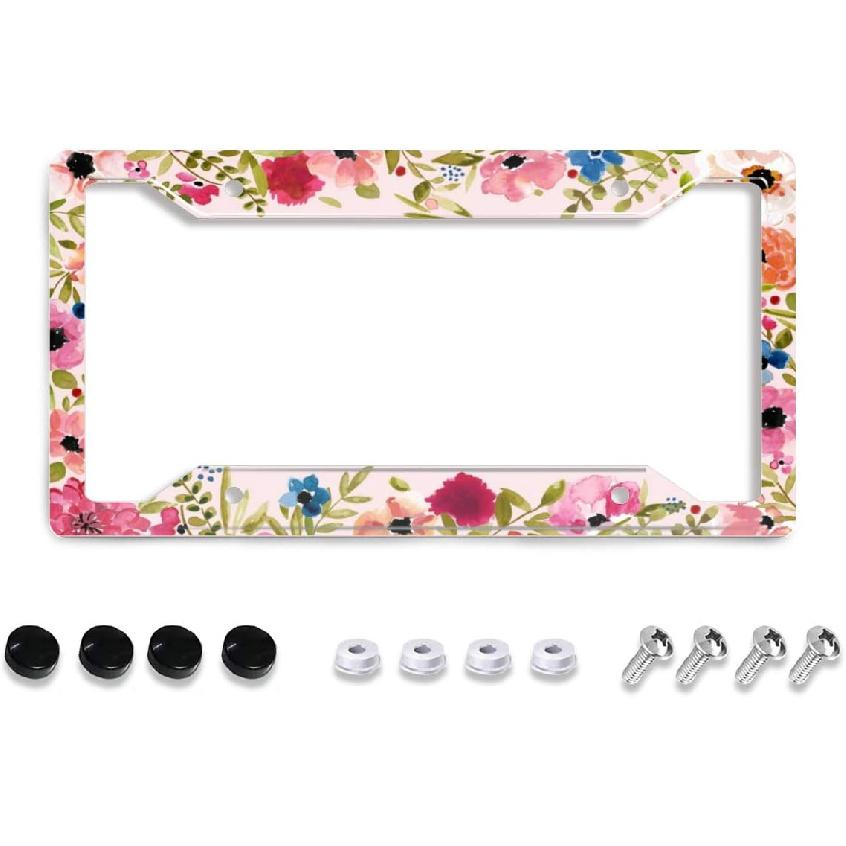 Personalized License Plate Frame Stainless Steels Artistic Flower Pink License Plate Car Tag Holder with 4 Holes and Screws for Women Men Auto