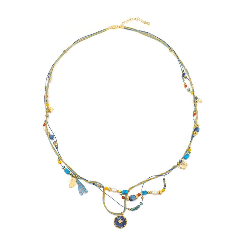 GEMCHIC Women s Natural Turquoise Beaded Necklace with Round Pendant, Vintage Ethnic Style Sweater Chain for Women