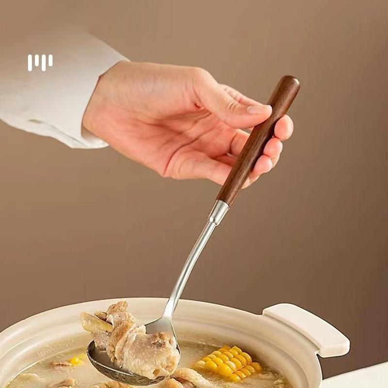 Stainless Steel Soup Scoop Wooden Long Handle Cooking Shovel Scoop Home Restaurant Hotpot Soup Porridge Spoon Kitchen Tableware
