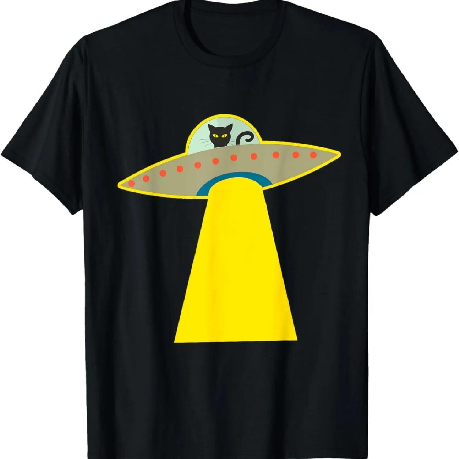 Черная Инопланетная Кошка в НЛО Футболка S