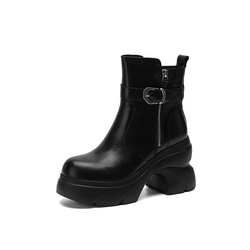 Womens Black Fashion Thick Sole Platform Short Boots Round Toe Chunky Heel Side Zip Motorcycle Fall Winter
