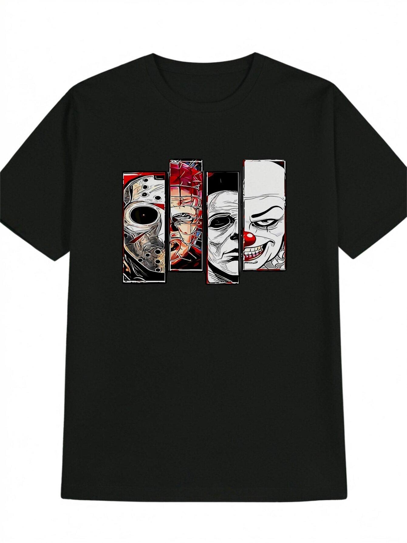 Casual Crew Neck T-shirt with Unique Horror Movie Print Design - Soft S