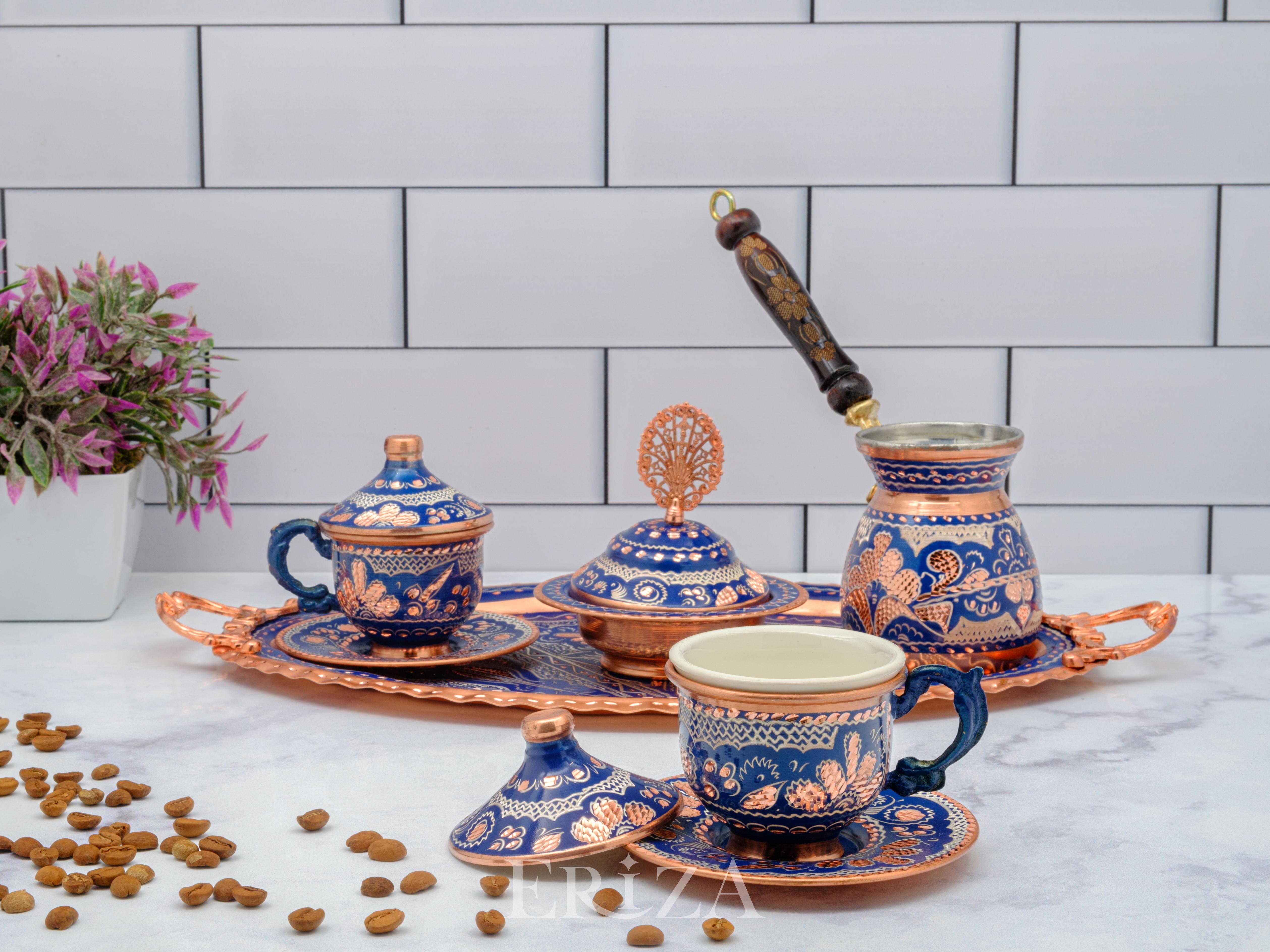 

Turkish Copper Coffee Serving Set With Coffee Pot 2 or 6 Person 2 PERSON синій