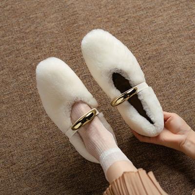 Fashion New Rivet Pearl Sheep Fur One Piece Retro Suede Single Shoes Girls Cute Round Head Mary Jane Suede Warm Women's Shoes Size 40