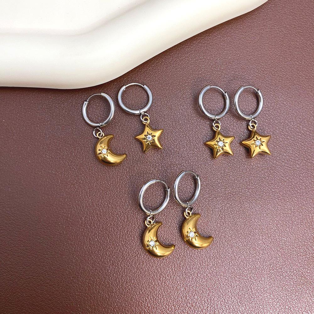 Borderless Fashion Star and Moon Two-Color Earrings: Gold-Plated Stainless Steel Silver Design Jewelry
