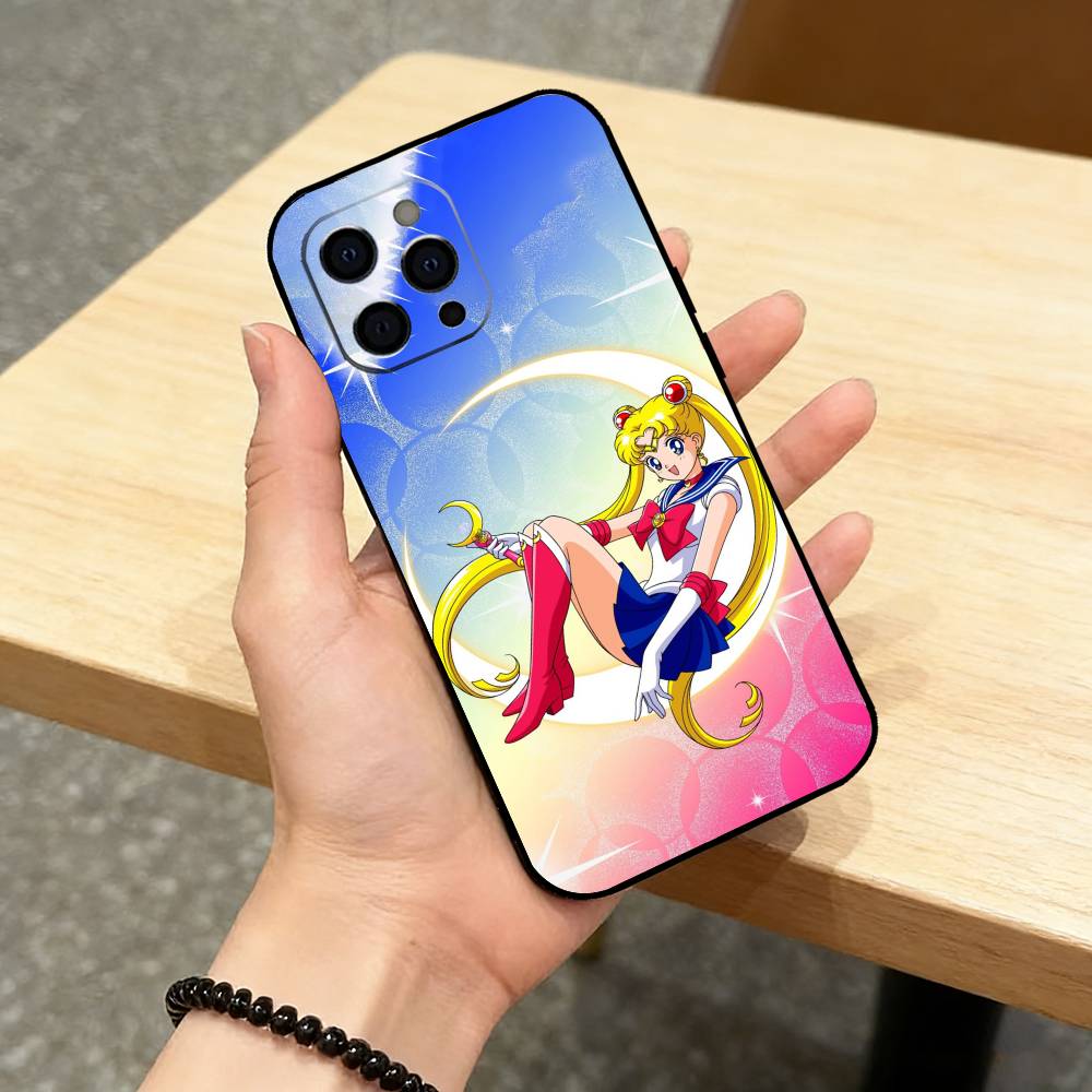 CUTE Cartoon S-Sailor M-Moons Phone Case For iPhone 17,16,15,14,13,12,11 Plus,Pro Max,XS,Soft Silicone Black Cover