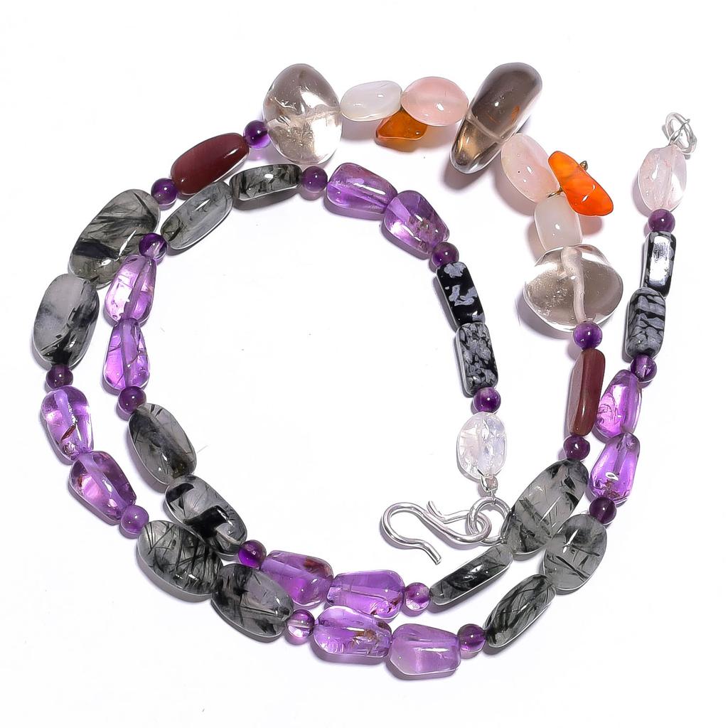 Natural Amethyst Rutile & Smoky Quartz Gemstone Smooth Beads Necklace 17" UB4423 UB-4423