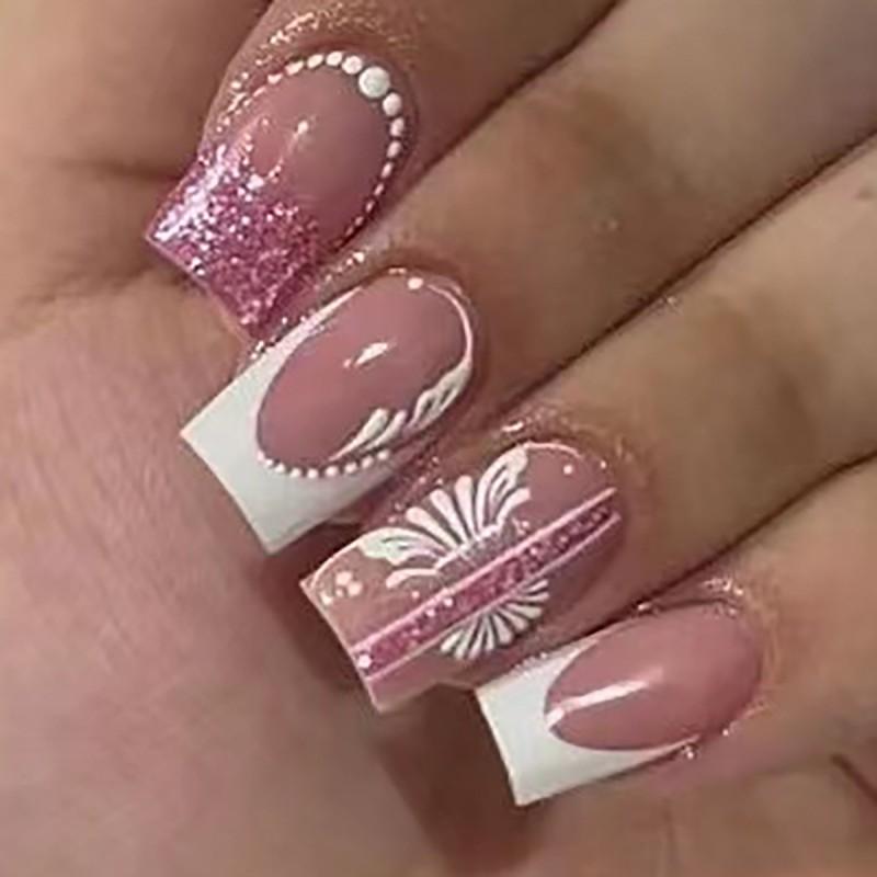 Medium Length White Gradient Floral Press-On Nails Removable False Nail Tips Sweet Style Adhesive Type