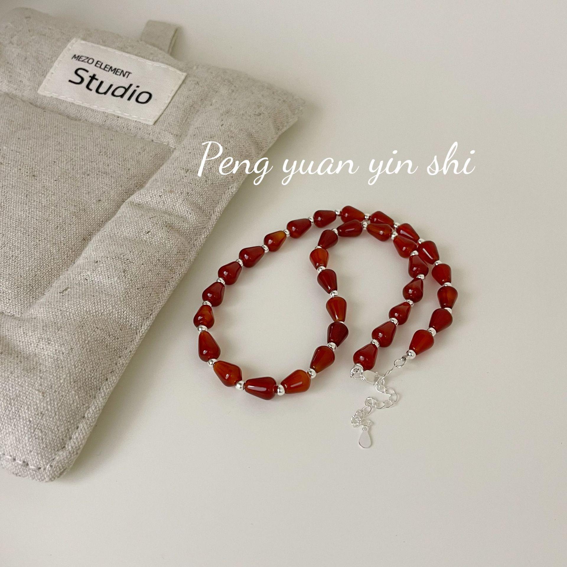 Su Chuang Women s Retro S925 Sterling Silver Red Agate Beaded Necklace, Chinese Style Versatile Clavicle Chain 925 Silver